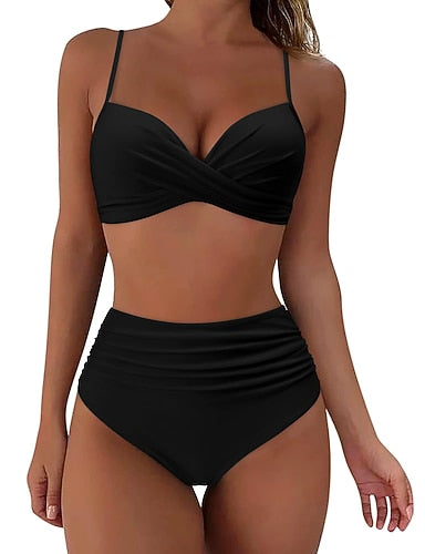 Swimwear Bikini Shorts Swimsuit 2 Piece High Waisted Beach Wear Basic Plain Sleeveless Bathing Suits