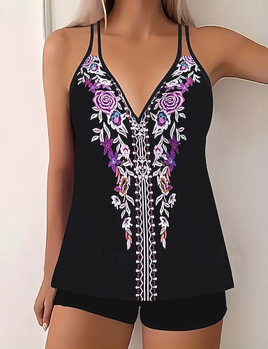 Swimwear 2 Piece Shorts Swimsuit Backless Vacation Beach Wear Graphic V Neck Sleeveless Bathing Suits