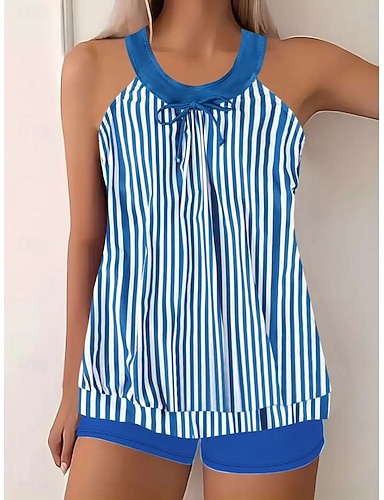 Tankini 2 Piece Swimsuit Boy Leg Tummy Control High Waist Slim Backless Vacation Beach Wear Geometric Striped Halter Neck Sleeveless Bathing Suits