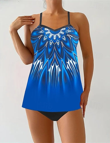 Tankini Two Piece Swimsuit V Neck Racerback Swimwear Swimwear Orange Green Breathable Quick Dry Lightweight Sleeveless - Swimming Surfing Beach Summer Spring