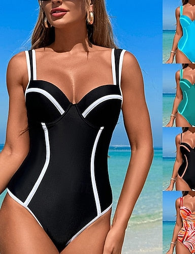 One Piece Swimsuit Deep V Swimwear Patchwork Swimwear Blue Sky Blue Quick Dry Lightweight Breathable Sleeveless - Swimming Surfing Beach Summer Spring
