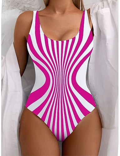 One Piece Swimsuit Slimming Colorblock Monokini Tummy Control High Waist Slim Backless Vacation Ombre Graphic U Neck Sleeveless Bathing Suits