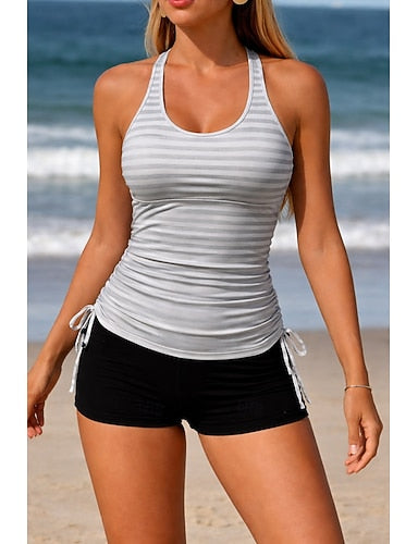 Swimwear Tankini 2 Piece High Waist Swimsuit Tummy Control High Waist Slim Backless Vacation Beach Wear Striped U Neck Sleeveless Bathing Suits