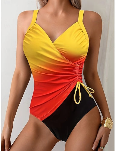 One Piece Swimsuit Slimming Ruched Colorblock Monokini Tummy Control High Waist Slim Backless Vacation Beach Wear Ombre V Neck Sleeveless Bathing Suits