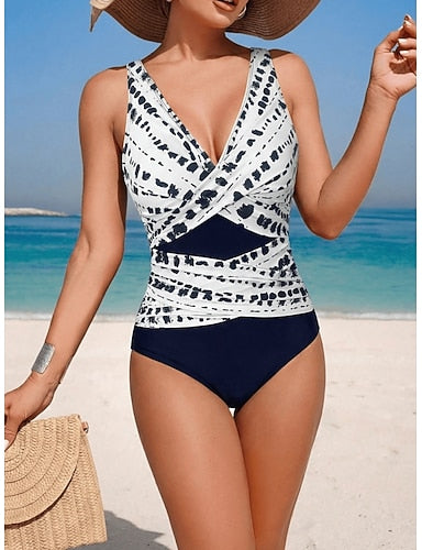 Swimwear One Piece Monokini Swimsuit Tummy Control High Waist Slim Backless Vacation Beach Wear Ombre Leopard V Neck Sleeveless Bathing Suits
