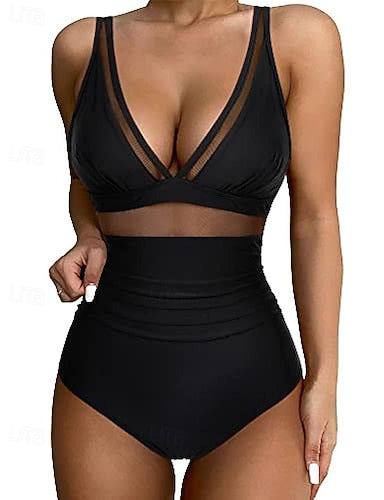 Swimwear One Piece Bikini Shorts Swimsuit Mesh Backless Vacation Beach Wear Color V Neck Sleeveless Bathing Suits