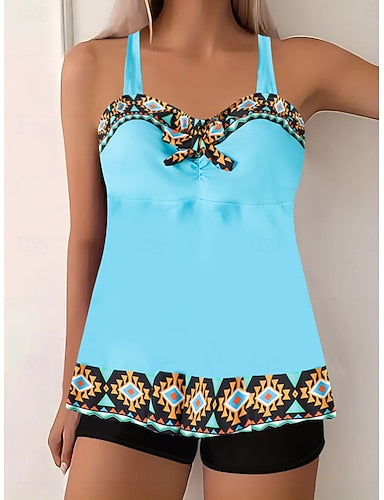 Tankini 2 Piece Swimsuit Shorts Tummy Control High Waist Slim Backless Vacation Beach Wear Graphic Geometic V Neck Sleeveless Bathing Suits