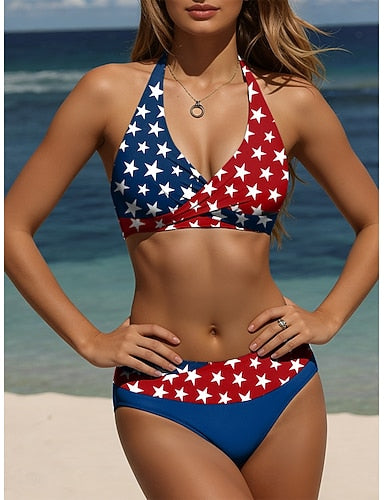 Independence Day American Anniversary Patriotic Swimwear One Piece High Cut Swimsuit Beach Wear Summer Graphic Flag U Neck Sleeveless Bathing Suits