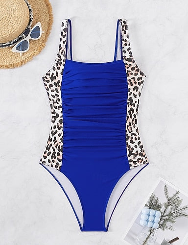One-piece Tummy Control Bathing Suits Scoop Neck Leopard Print Panels Racerback Ruched Summer Beachwear Quick-dry Stretch Fabric Full Size Black Swimsuit