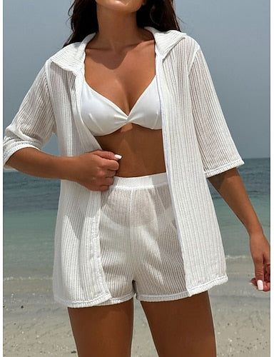 Swimwear Bikini Three Piece Thong Swimsuit Slim Backless Vacation Beach Wear Color V Neck Sleeveless Bathing Suits