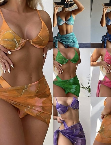 Bikini Swimsuit Dress Skirt Slim Backless Vacation Beach Wear Tie Dye V Neck Sleeveless Bathing Suits
