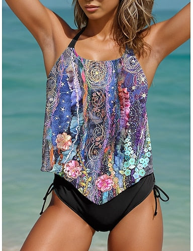 Tankini 2 Piece Swimsuit Cheeky Backless Vacation Beach Wear U Neck Sleeveless Bathing Suits