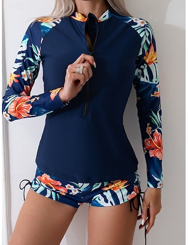 Tankini 2 Piece Swimsuit Zip Front Palm Shorts Tummy Control High Waist Slim Backless Vacation Beach Wear Leaves High Neck Long Sleeve Bathing Suits