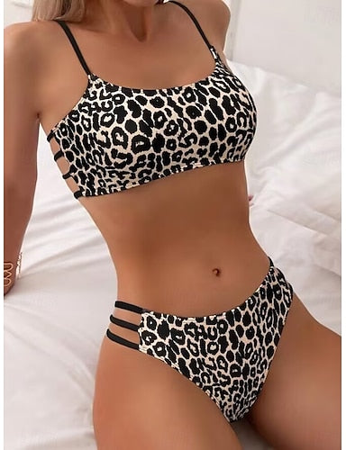 Swimwear Bikini 2 Piece Cheeky Swimsuit Backless Slim Vacation Beach Wear Leopard Strapless Sleeveless Bathing Suits