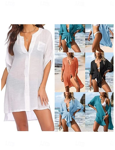 Mini Dress White Dress Beach Dress Black Dress Cover Up Classic Daily Outdoor Beach Loose Fit Plain Half Sleeve V Neck Blue Black White Army Green Summer Spring