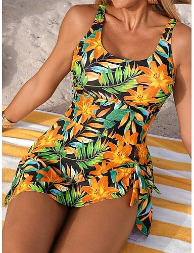 Swimwear One Piece Monokini Skirt Swimsuit Tummy Control High Waist Slim Backless Vacation Graphic U Neck Sleeveless Bathing Suits