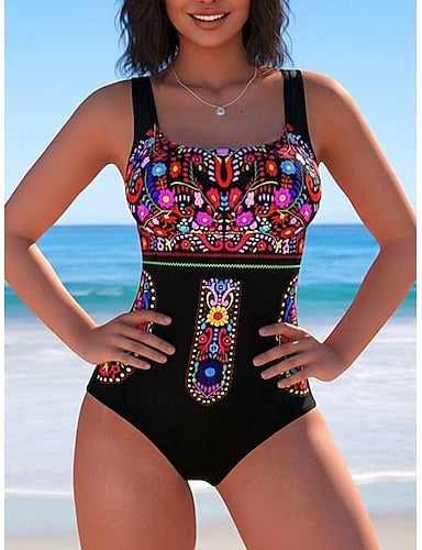 Swimwear One Piece Monokini Briefs Swimsuit Tummy Control High Waist Slim Backless Vacation Graphic U Neck Sleeveless Bathing Suits