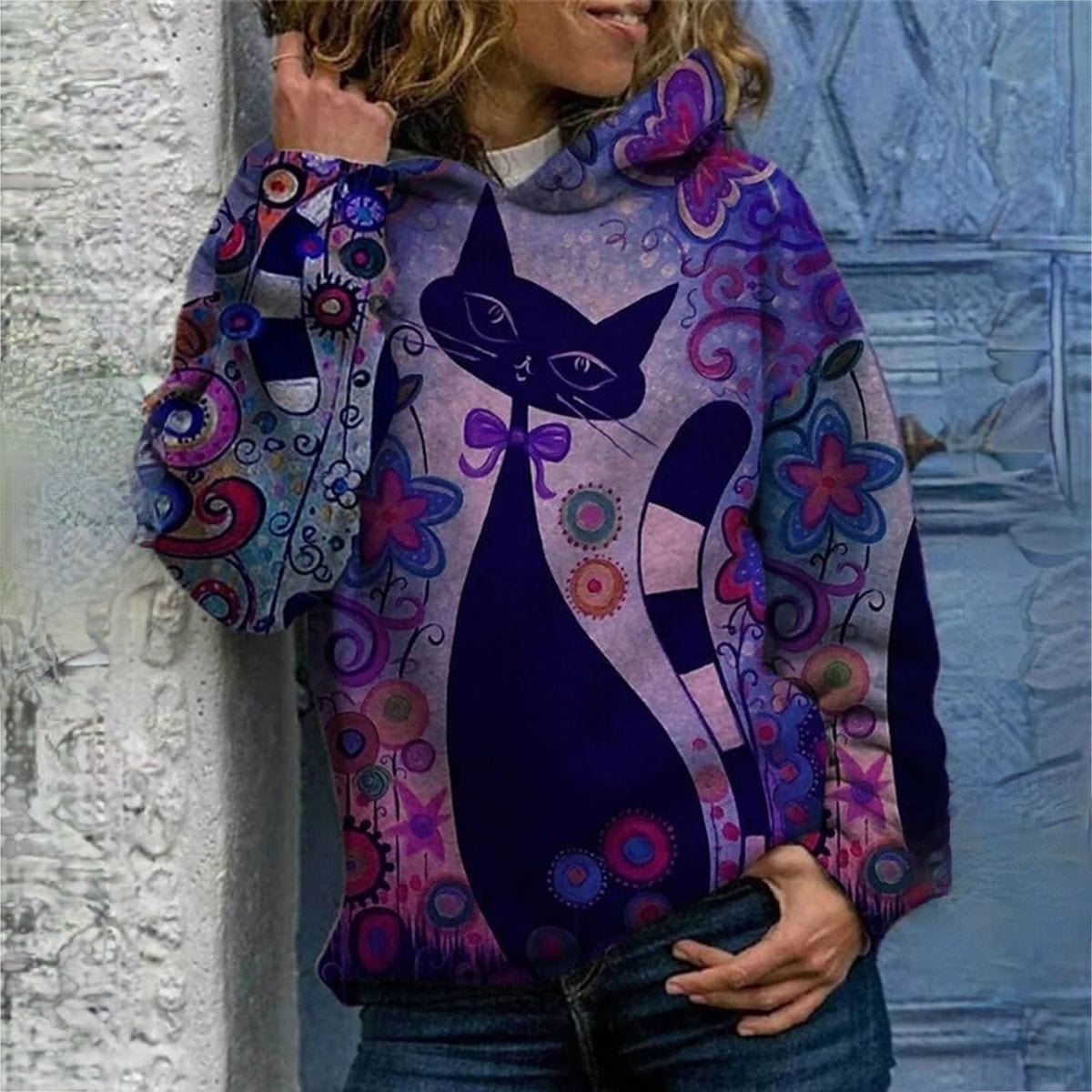 LP | Elegante felpa con cappuccio con stampa di gatti