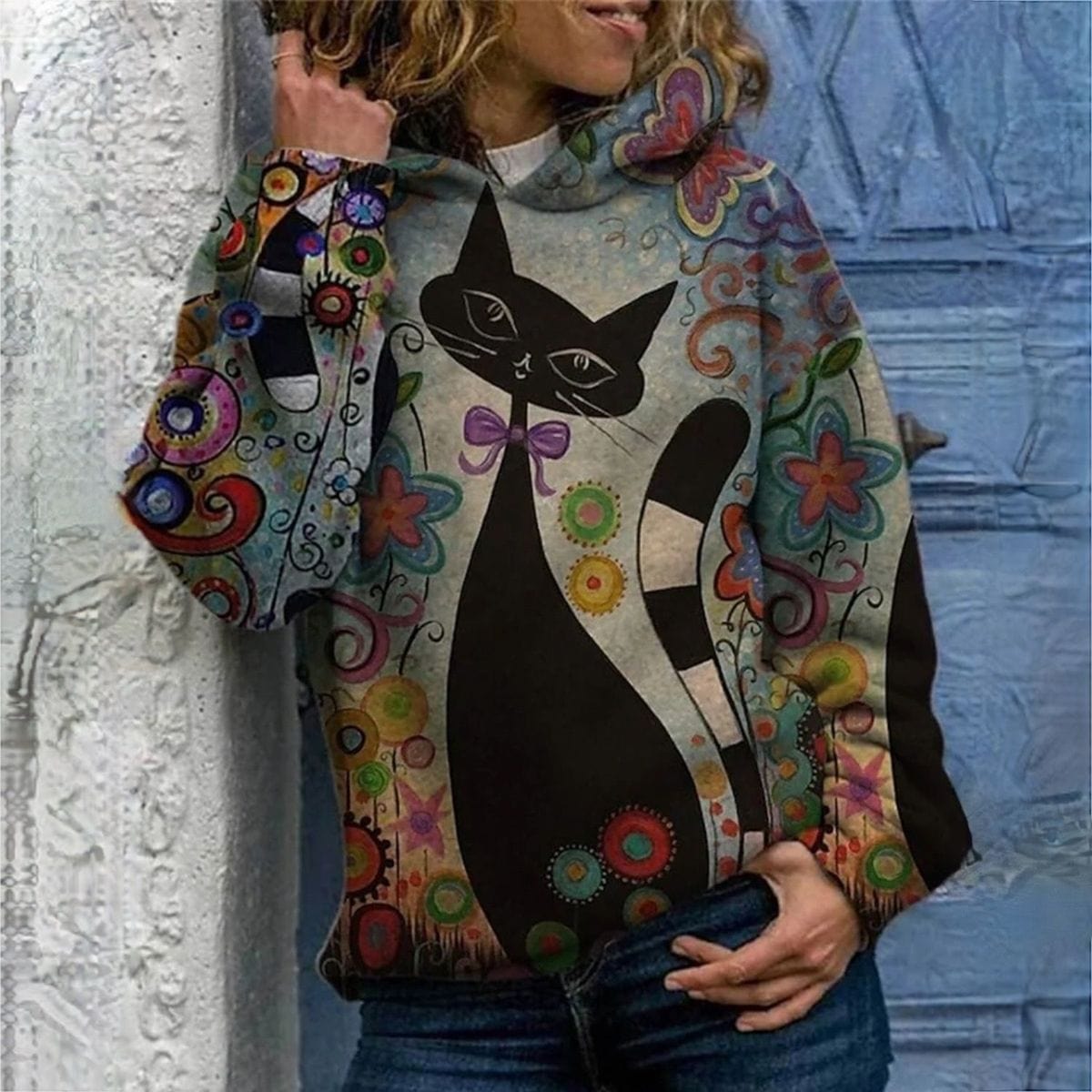 LP | Elegante felpa con cappuccio con stampa di gatti