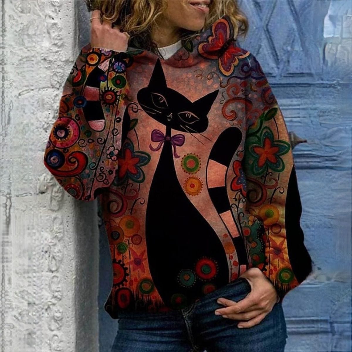 LP | Elegante felpa con cappuccio con stampa di gatti