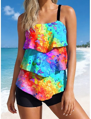 Tankini 2 Piece Swimsuit High Waist Ruffle Layered Backless Vacation Beach Wear Ombre Graphic U Neck Sleeveless Bathing Suits