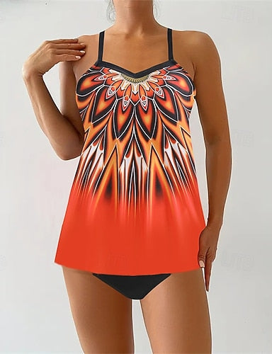 Tankini Two Piece Swimsuit V Neck Racerback Swimwear Swimwear Orange Green Breathable Quick Dry Lightweight Sleeveless - Swimming Surfing Beach Summer Spring