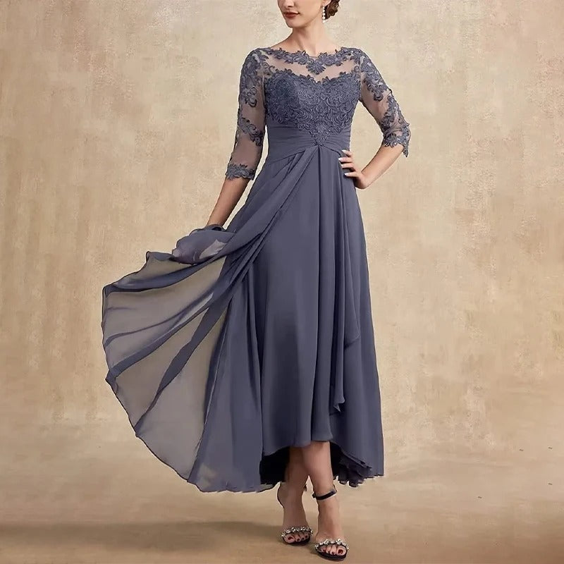 ER | Maxi abito in chiffon con maniche trasparenti di lunghezza midi