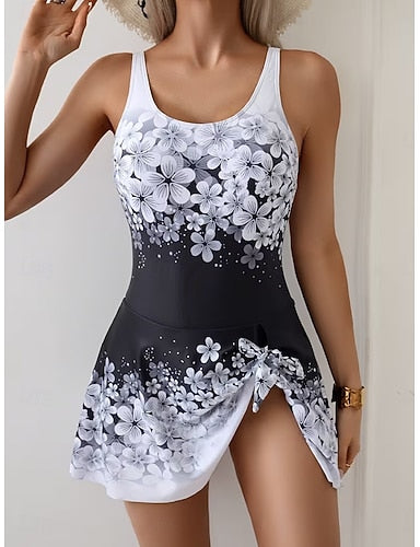 Swimwear One Piece Skirt Swimsuit Vacation Ombre Scoop Neck Sleeveless Bathing Suits