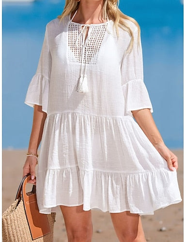 Mini Dress White Dress Beach Dress Cover Up Flare Cuff Sleeve Daily Outdoor Beach Loose Fit Plain Half Sleeve Crew Neck White Summer Spring