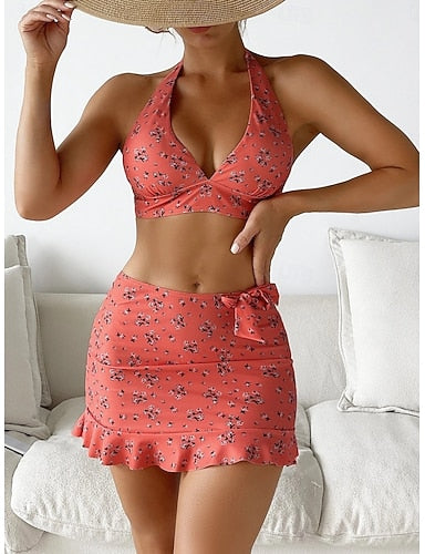 Bikini 3 Piece Swimsuit With Skirt Skirt Slim Backless Vacation Beach Wear Halter Neck Sleeveless Bathing Suits