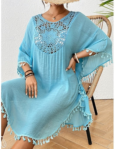 Swimwear Cover Up Rash Guard Dress Swimsuit Ruched Cut Out Vacation Color Round Neck Long Sleeve Bathing Suits