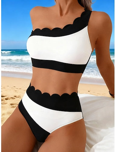Bikini 2 Piece Swimsuit Underwire Colorblock Briefs Slim Backless Vacation Beach Wear Color Block Asymmetric Neck Sleeveless Bathing Suits