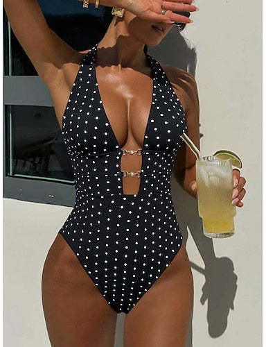 Swimwear One Piece Monokini High Cut Swimsuit Tummy Control High Waist Slim Backless Vacation Beach Wear Polka Dot Halter Neck Sleeveless Bathing Suits