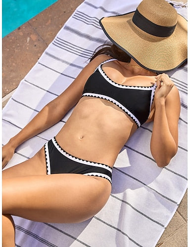 Petal Border Longline Triangle Bikini Set Black and White