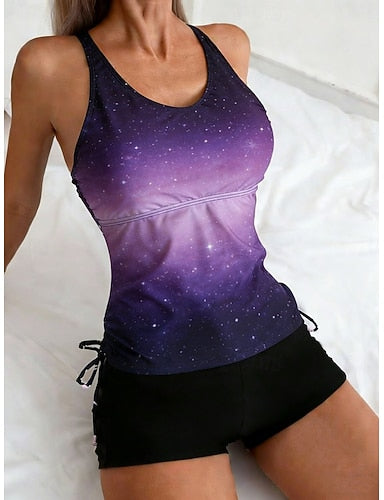 Swimwear Tankini 2 Piece High Waist Swimsuit Tummy Control High Waist Slim Backless Vacation Beach Wear Ombre U Neck Sleeveless Bathing Suits