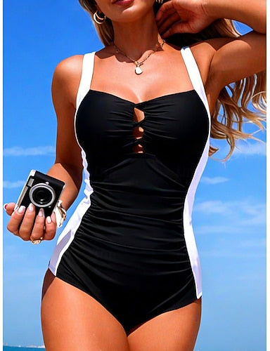 Swimwear One Piece Monokini Swimsuit Tummy Control High Waist Slim Backless Vacation Beach Wear Color Leopard V Neck Sleeveless Bathing Suits
