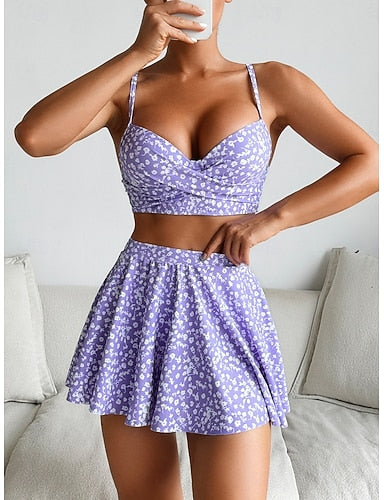 Bikini 3 Piece Swimsuit Skirt Backless Slim Vacation Beach Wear V Neck Sleeveless Bathing Suits