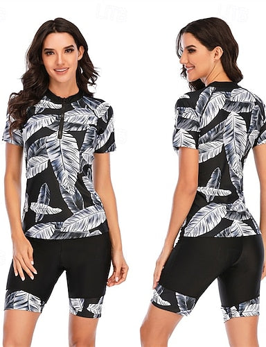 Rash Guard Swimsuit Tropical Printed 2 Piece Front Zip Spandex Uv Sun Protection Upf50+ Quick Dry Short Sleeve Swimwear Swimsuit Surfing Beach Water Sports Summer