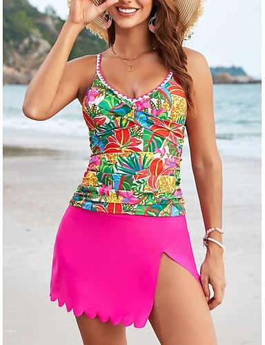 Swimwear Tankini 2 Piece Skirt Swimsuit Tummy Control High Waist Slim Backless Vacation Beach Wear Leopard V Neck Sleeveless Bathing Suits