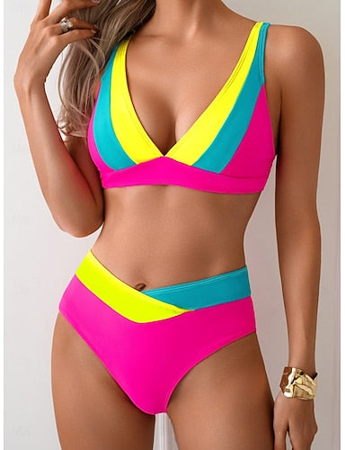 Bikini 2 Piece Swimsuit Colorblock Cheeky Slim Backless Vacation Beach Wear Color Block V Neck Sleeveless Bathing Suits