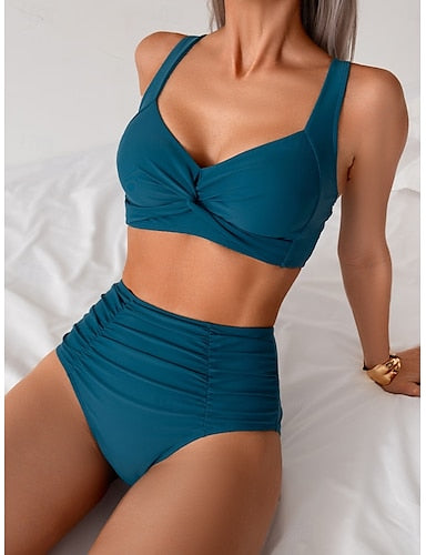 Swimwear Bikini 2 Piece Briefs Swimsuit Backless Slim High Waisted Vacation Beach Wear Color V Neck Sleeveless Bathing Suits