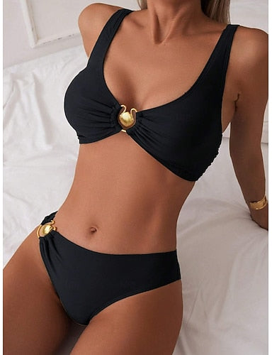 Swimwear Bikini 2 Piece Swimsuit Backless Tummy Control High Waist Vacation Beach Wear Color V Neck Sleeveless Bathing Suits