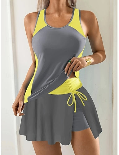 Swimwear Tankini 2 Piece Skirt Swimsuit Drawstring Tummy Control High Waist Slim Backless Vacation Beach Wear Color U Neck Sleeveless Bathing Suits