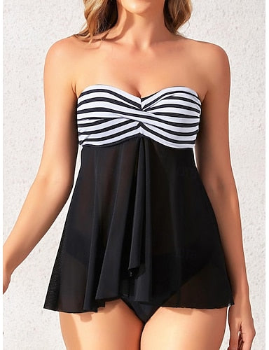 Tankini 2 Piece Swimsuit Underwire Colorblock Cheeky Tummy Control High Waist Slim Backless Vacation Beach Wear Striped Strapless Sleeveless Bathing Suits