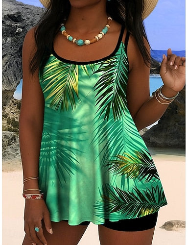 Tankini 2 Piece Swimsuit Palm High Waist Backless Vacation Beach Wear Graphic Geometic U Neck Sleeveless Bathing Suits