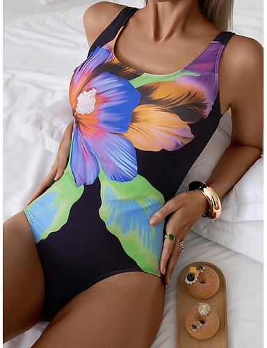 Swimwear One Piece Dress Swimsuit Vacation Graphic Round Neck Sleeveless Bathing Suits