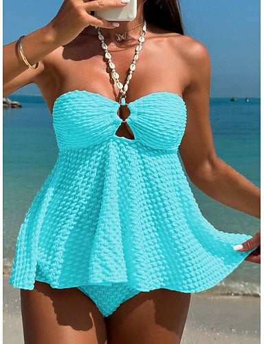 Tankini 2 Piece Swimsuit Underwire Cheeky Tummy Control High Waist Slim Strapless Backless Vacation Beach Wear Halter Neck Sleeveless Bathing Suits