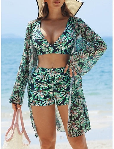 Bikini 3 Piece Swimsuit Palm Shorts Slim Backless Vacation Beach Wear Leaves V Neck Sleeveless Bathing Suits