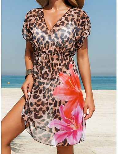 Swimwear One Piece Monokini Swimsuit Tummy Control High Waist Slim Backless Vacation Beach Wear Leopard V Neck Sleeveless Short Sleeves Bathing Suits