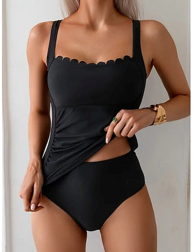 Swimwear Tankini 2 Piece Briefs Swimsuit Tummy Control High Waist Slim Backless Vacation Beach Wear Color Scoop Neck Sleeveless Bathing Suits
